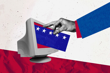 Creative image collage picture human hand put bulletin inside pc monitor online election referendum...
