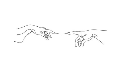 A one continuous line drawing of a hand pointing its finger to another hand with a stretched finger