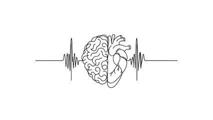 A minimalistic continuous line drawing depicting a brain connected to a heart through wave