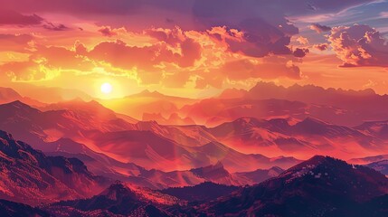 sunset over the mountains a serene landscape with a mountain range in the background, a clear blue