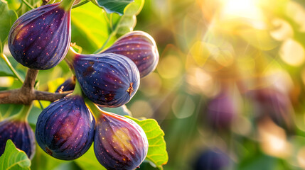 Close-up of ripe figs with dew drops on a fig tree, vibrant and colorful in a natural setting