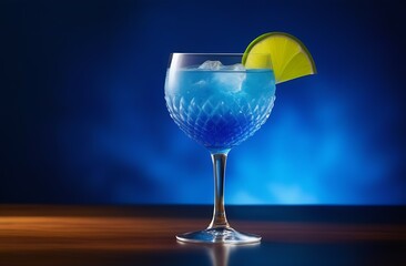 Refreshing blue drink with ice Blue lagoon or a glass of alcoholic cocktail with curacao liqueur and a slice of lemon stands on a wooden table on a light blue blurred background