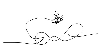 continuous line drawing of a bee flying, leaving a trail behind it