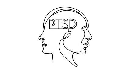 continuous line drawing of a human head with the word PTSD