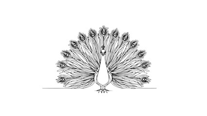continuous line drawing of a peacock in a frontal view