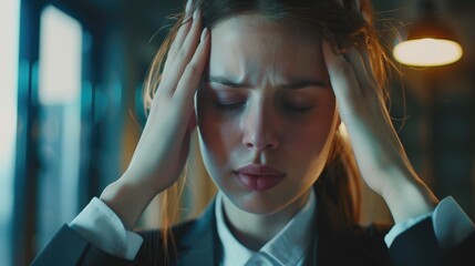 Professional female in a business suit, feeling the onset of a headache, massaging her temples during a stressful workday,