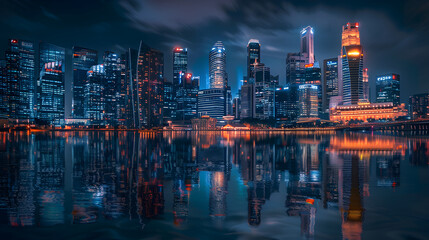 A dazzling, night-time panorama of Singapore's bustling cityscape and local attractions - obrazy, fototapety, plakaty
