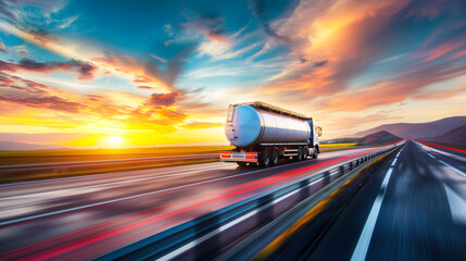 A tanker truck laden with fuel barrels cruises down the highway in the warm glow of a sunset