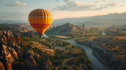 Balloon flying over mountains in a scenic countryside, windy, landscape, backdrop, banner, background, template