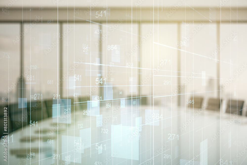 Poster abstract virtual stats data hologram on a modern conference room background. multiexposure