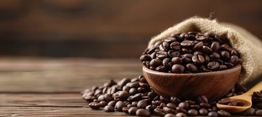 Coffee beans and wooden spoons on table with bags, dark backdrop for rich coffee aroma