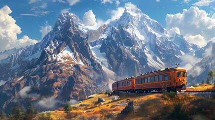 vintage train, in orange and red colors, is driving The mountains with autumn trees around it. The mountains are covered with snowcapped peaks, creating an enchanting scene of nature's beauty