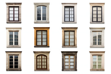 Fototapeta premium Set of vintage-style windows isolated on a white background, including wooden sash and French window frames, ideal for historica Generative Ai,