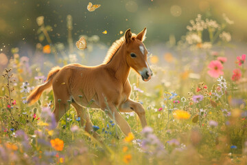 A foal's first steps in the meadow