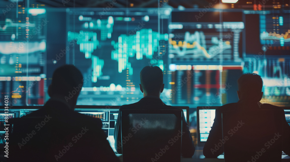 Poster financial analysts in a high-tech office viewing real-time cryptocurrency transactions on multiple s