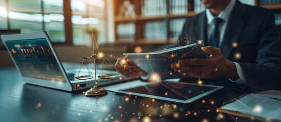 A lawyer reviewing a digital smart contract on a tablet in a modern office, symbolizing the transformation of legal processes through blockchain technology, natural light, soft sha