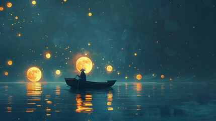 An image of a man rowing a boat at night