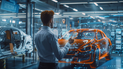 An automotive industry executive exploring vehicle telemetry data on a blockchain network, which improves security and efficiency, in an advanced manufacturing facility, natural li
