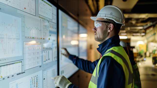 Engineers monitoring renewable energy distribution on a large digital display that uses a decentralized blockchain system, in a control room, natural light, soft shadows, blurred b