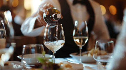 A waiter pouring wine into a diner's glass at a luxurious restaurant, focusing on the interaction and the elegant attire of the waiter, natural light, soft shadows, blurred backgro - obrazy, fototapety, plakaty