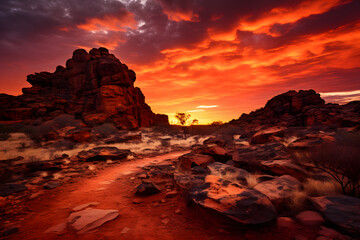 The mystical landscape of the Australian Outback, featuring red desert sands, unique rock formations, and a vibrant sunset   Generative Ai,