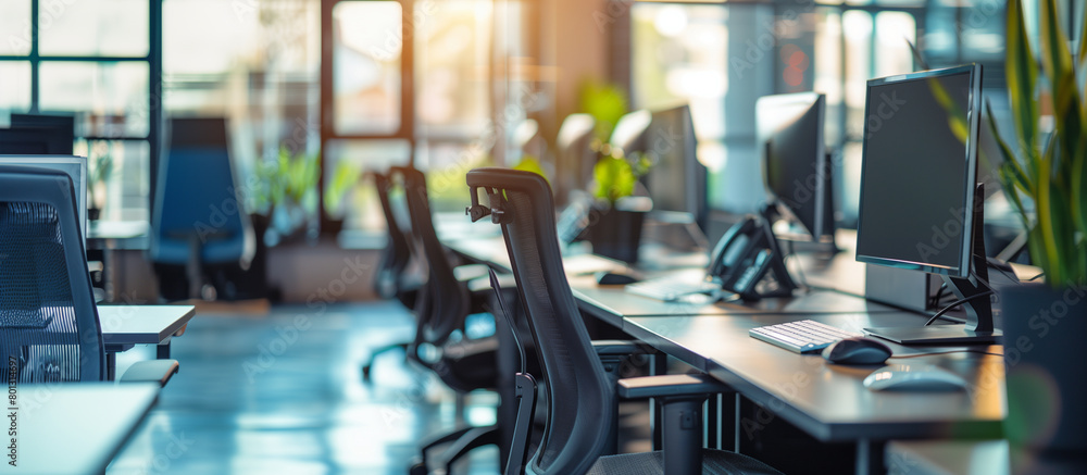 Poster a row of desks with computers and ergonomic chairs, capturing the linear perspective of the office l