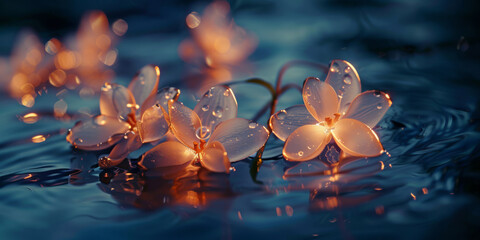 Luminous Frangipani Flowers Floating on Tranquil Waters at Dusk