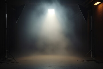 Mysterious Stage with Dense Fog and Bright Light Streaming Down, Creating a Dramatic Atmosphere