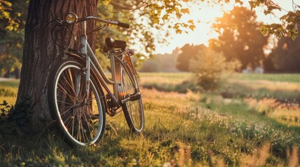 Fototapeta premium Vintage bicycle waiting near tree. with copy space. world bicycle day background concept