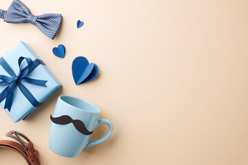 Celebrate Father's Day with this delightful setup featuring a mustache-themed mug and heart-shaped paper cutouts on a gentle beige background