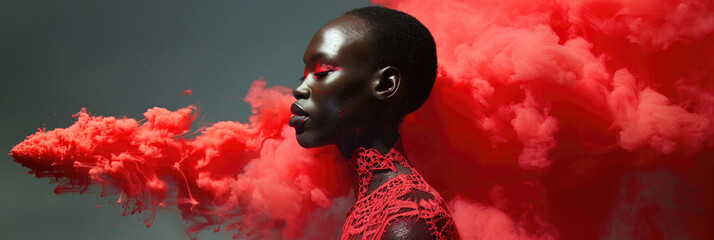 African American woman in a red lace outfit profiles against a puff of red smoke