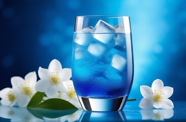 Refreshing blue drink with ice Blue lagoon or glass of alcoholic cocktail with curacao liqueur stands on table with reflective surface with white beautiful flowers on light blue blurred background