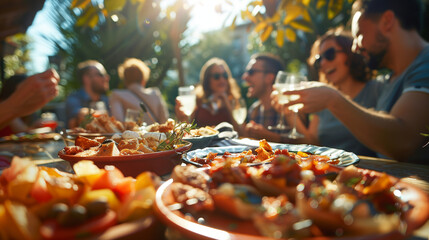 A group of friends sharing various tapas at an outdoor café, each person sampling a different dish, capturing the communal and festive dining experience, natural light, soft shadow