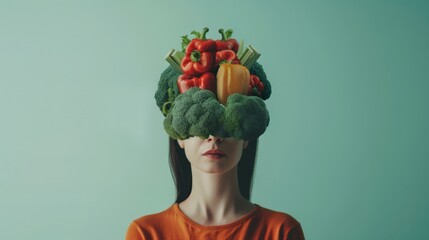 A minimalist portrait of a woman, her head artistically replaced with a neatly organized vegetable brain, emphasizing mental order