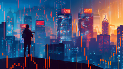 The image shows investors engaging in activities related to technology, the stock market, gold, and graphs in graphic form.