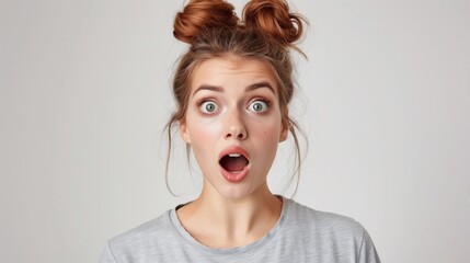 Young woman with playful double hair buns expressing surprise, isolated on a light background. Ideal for advertising, emotional and psychological content, and social media