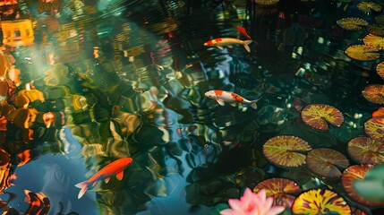 tranquil pond with colorful fish and flowers