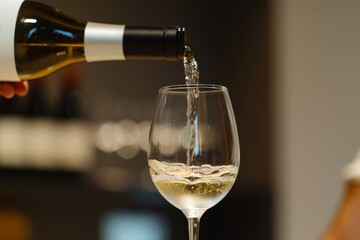 Pouring white wine to a glass of wine - obrazy, fototapety, plakaty