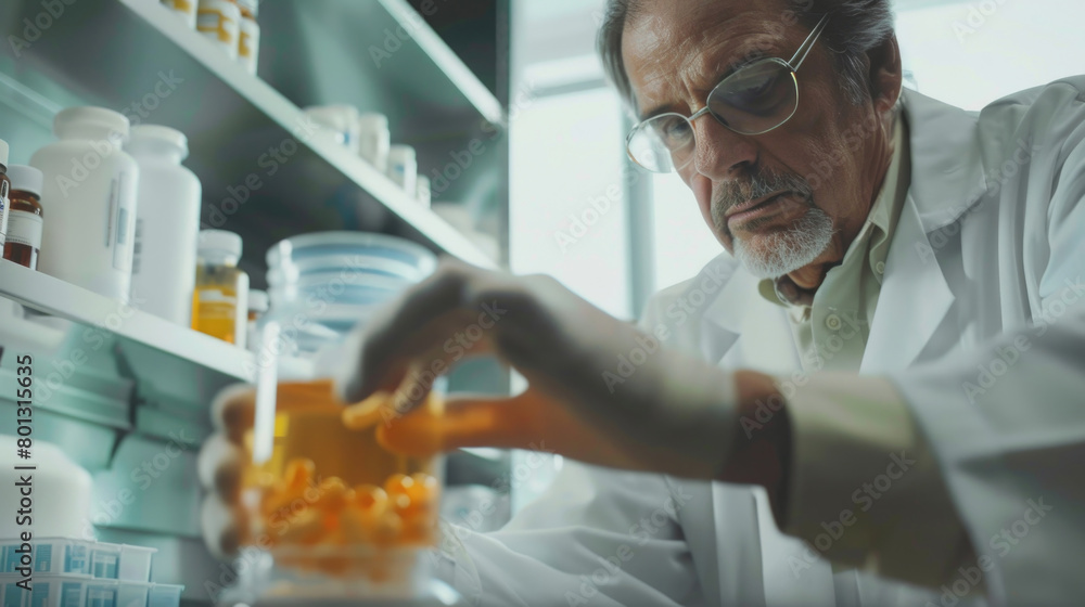 Poster a man wearing a lab coat carefully observes the contents of a container in a laboratory setting