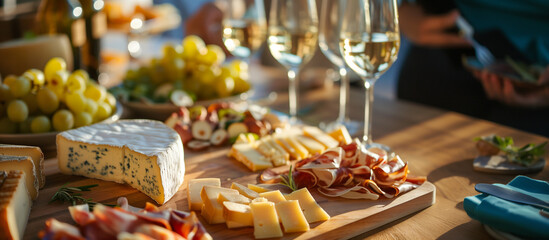 A tasting event where guests try different cheeses and wines, with a focus on their interaction...