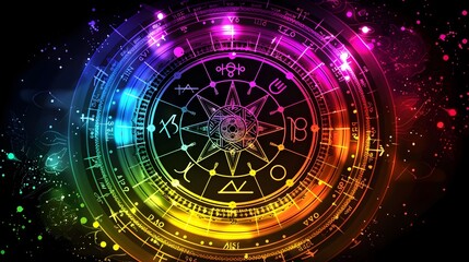 Vibrant Zodiac Wheel with Glowing Cosmic Symbols and Starry Background for Astrology and Horoscope