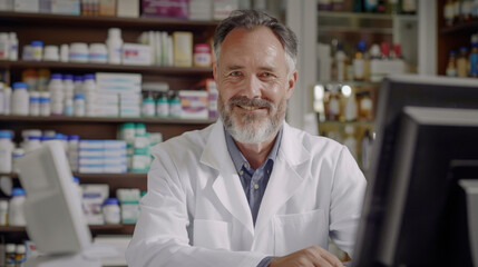 A man wearing a white lab coat sitting in front of a computer screen, focused on typing and analyzing data