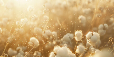 A field of cotton flowers with a bright sun shining on them