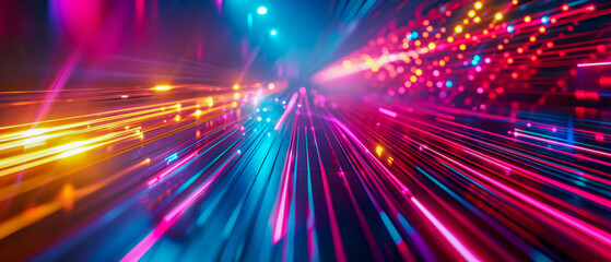 A colorful, blurry image of a city street with neon lights and a car