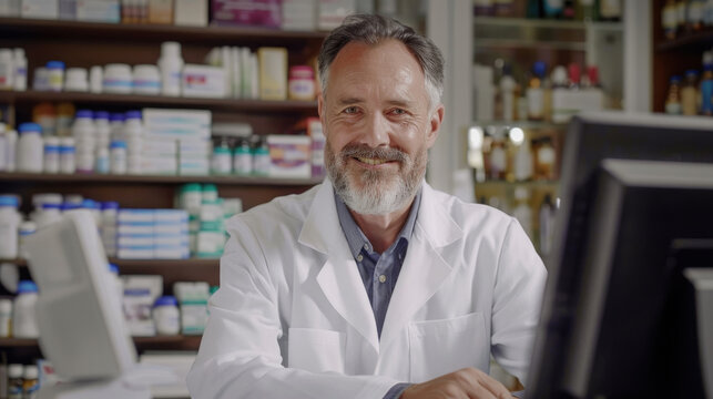 A man wearing a white lab coat sitting in front of a computer screen, focused on typing and analyzing data