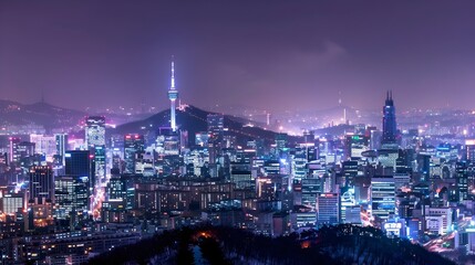 Illuminated Cityscape of Seoul Skyline with Namsan Tower Aglow at Night