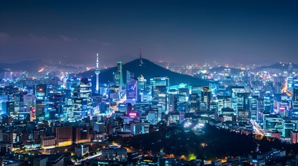 Naklejka premium Glowing Cityscape of Seoul with Namsan Tower Illuminated at Night