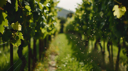 In a kiwi vineyard, a traveler is embraced by lush foliage, with buzzing insects filling the air.
