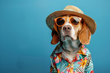 Charming beagle in a vibrant Hawaiian shirt and sunglasses, ideal for summer-themed campaigns, pet fashion content, and playful marketing materials