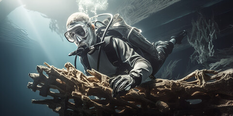 A scuba diver submerged underwater or searching for the hidden secrets in depths of the ocean and scuba searcher has found something in the depths of  ocean and holding the strange thing of ocean 